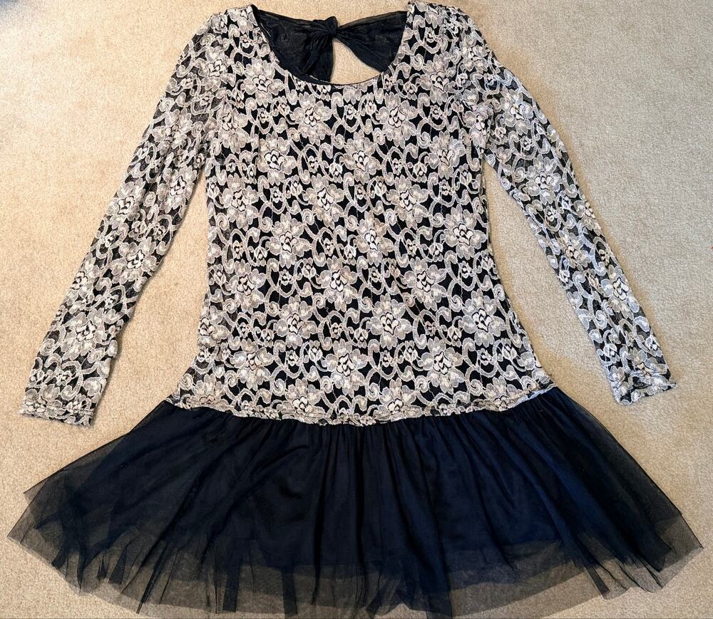 A'reve Womens Large Tunic Top Dress Black Beige Lace Tulle Bow Open Back Long